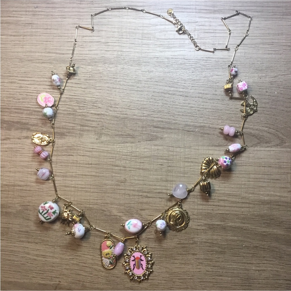 Gold-Tone Enamel Glass Ceramic long Boho Charm Necklace